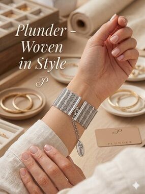 Plunder Design Silver Textured Woven Metallic Wide Statement Cuff Bracelet